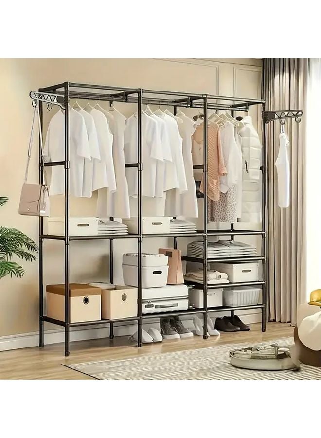 Four Row Black Portable Wardrobe Freestanding Metal Closet With 10 Compartments Rod And Shelf - Image 1